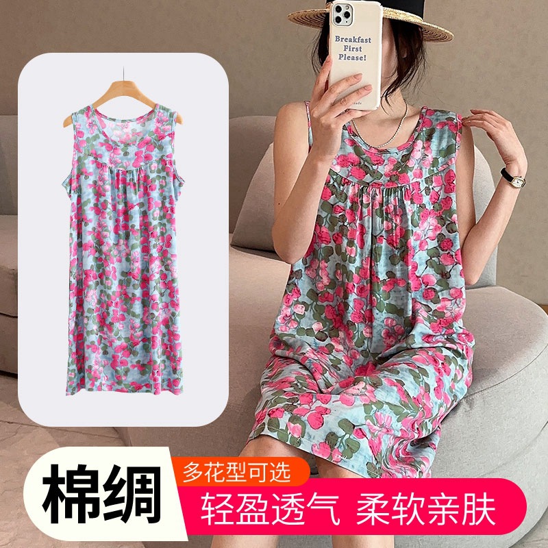Ärmelloses Camisole-Kleid aus Baumwollseide für Damen, mittellang, für zierliche Frauen, Sommermode, lässig, in großen Größen, mit Blumenmuster_voghion.com