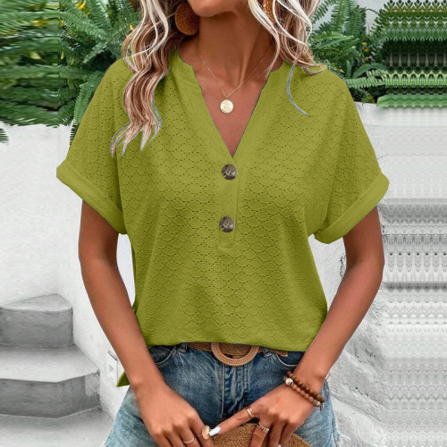 2025 Spring European and American Cross-border Amazon Independent Store Women's Casual Solid Button V-neck T-shirt Sweet Short Sleeve