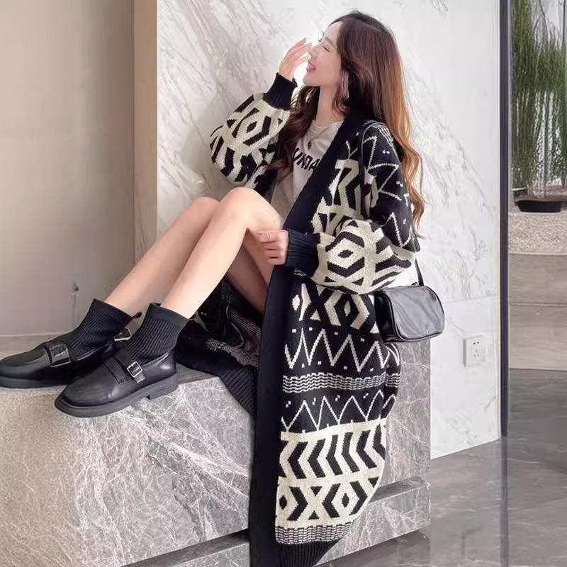 Cardigan tricoté de style coréen pour femmes, pull au dessus du genou, ample, slim, géométrique, style paresseux, manteau long, nouvelle collection_voghion.com
