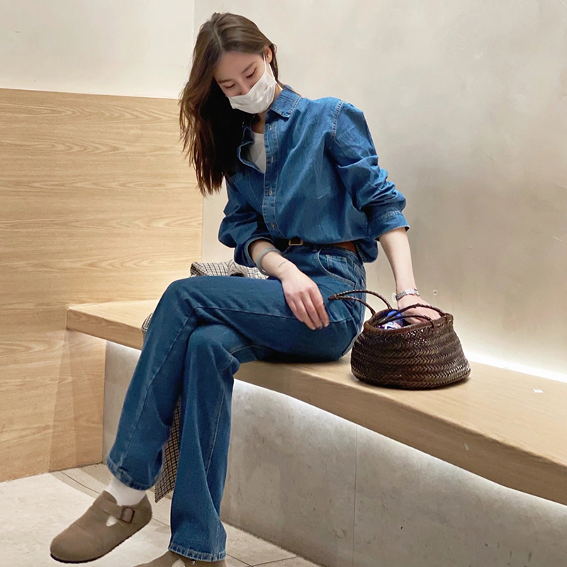 Shenzhen Nanyou New Complete Matching Women's Royal Sister Light Mature Hong Kong Flavor Blue Denim Shirt Two-piece Pants