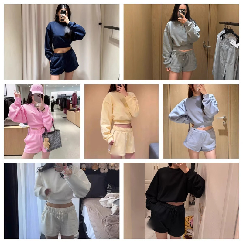 26 New Spring and Autumn Alogant Short Round-Neck Long-Sleeved Sweatshirt + Drawstring Shorts, Casual, Loose, Everyday and Versatile 26 New Spring and Autumn Alogant Short Round-Neck Long-Sleeved Sweatshirt + Drawstring Shorts, Casual, Loose, Everyday and Versatile