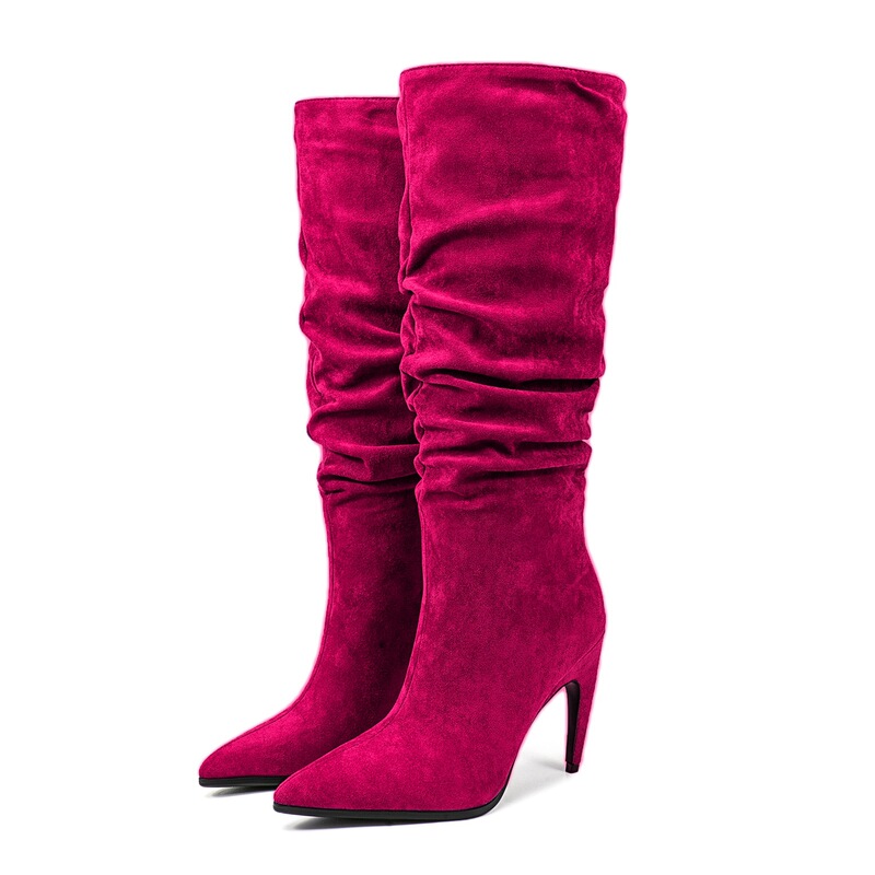 European and American style suede kitten heel pleated boots ~ new pointed stitching sleeve super high heel sexy fashion boots