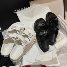 小香风魔术贴拖鞋女2025夏季新款真皮圆头露趾厚底休闲百搭女半拖