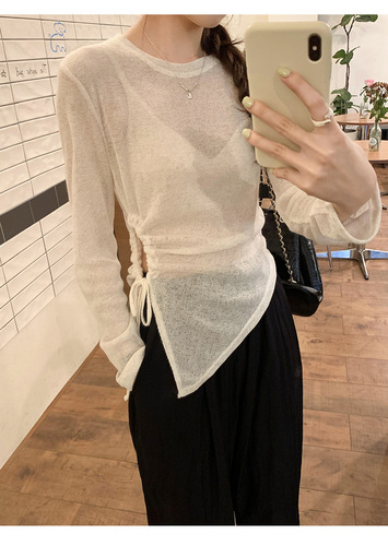 Women's Summer New Design Sensory Pleated Knit Top with Sheer Ice Silk Sun Protection Cover Shirt Thin Sheer Long Sleeve T-Shirt