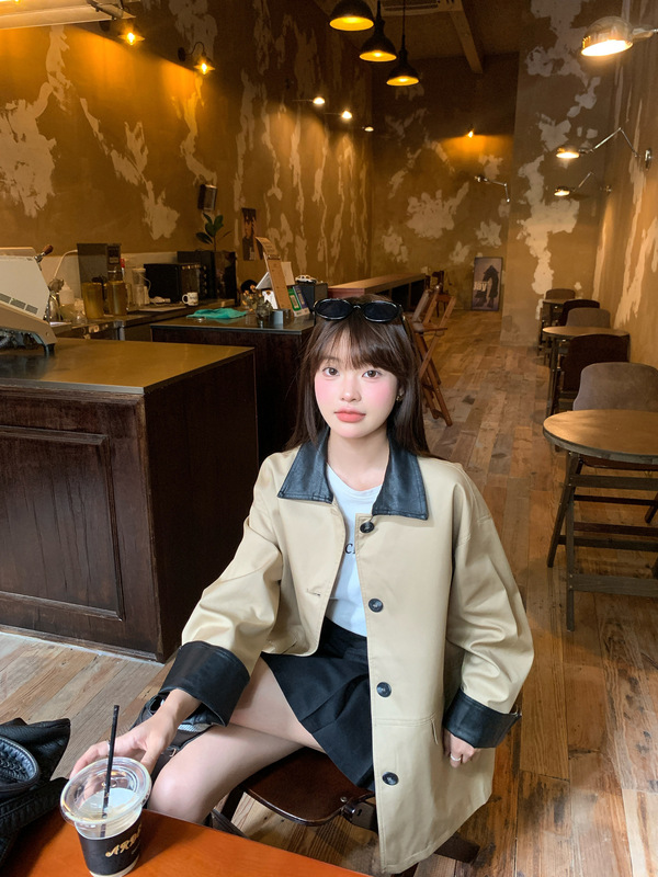 意法韩系撞色拼皮设计小个子短款风衣女早秋气质宽松外套撞色拼接|undefined