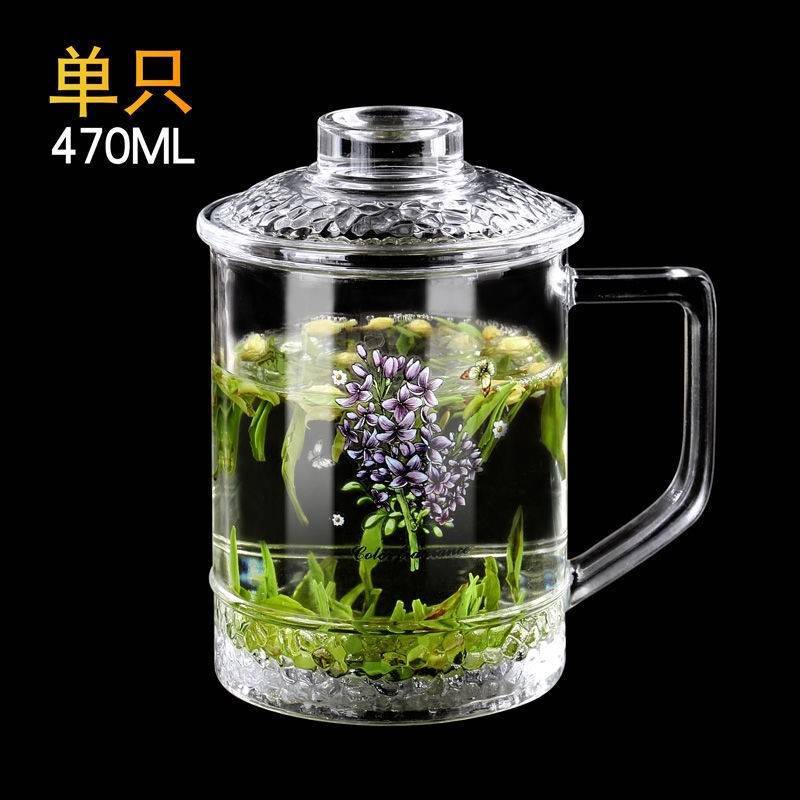 2F家用加厚耐熱梅蘭竹菊刻花玻璃杯辦公泡茶杯大容量帶蓋帶把水杯