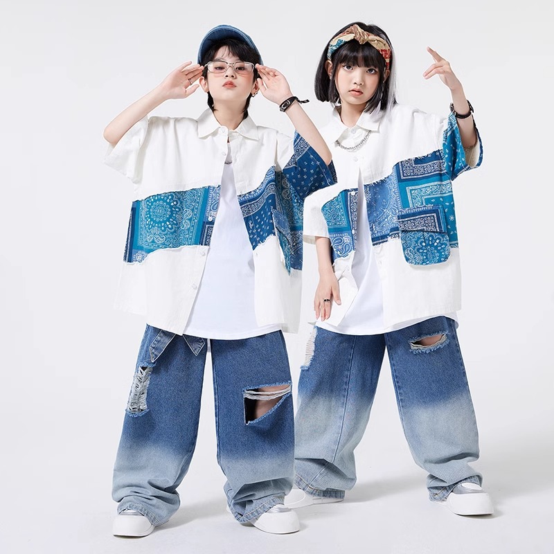 Boys' Street Dance Children's Fashion Clothing Summer Short-sleeved Shirt Fashion Brand Children's hiphop Costume Drum Costume Handsome