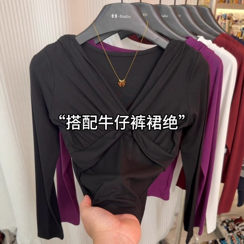 高级感chic别致扭结交叉领上衣女2025早秋新款洋气减龄显瘦打底衫|undefined