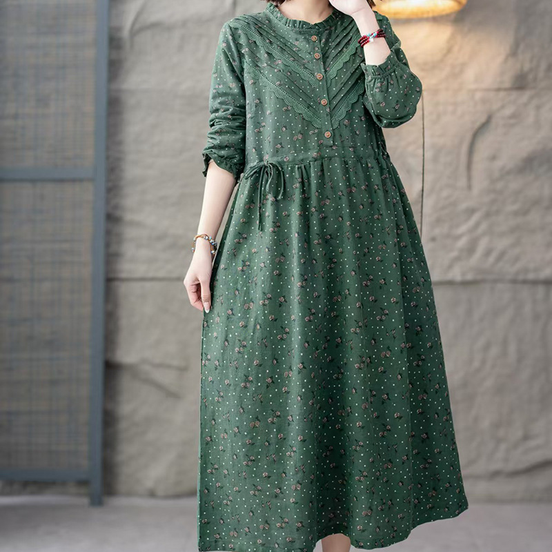 2025 spring and autumn cotton and linen floral dress lace collar long sleeve waist drawstring lengthened women's dress