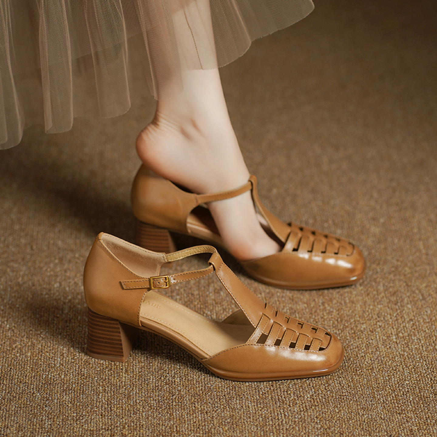 Sandal cao gót nữ mũi nhọn quai chữ T dệt hở gót, gót 5 cm — đen chi tiết 12