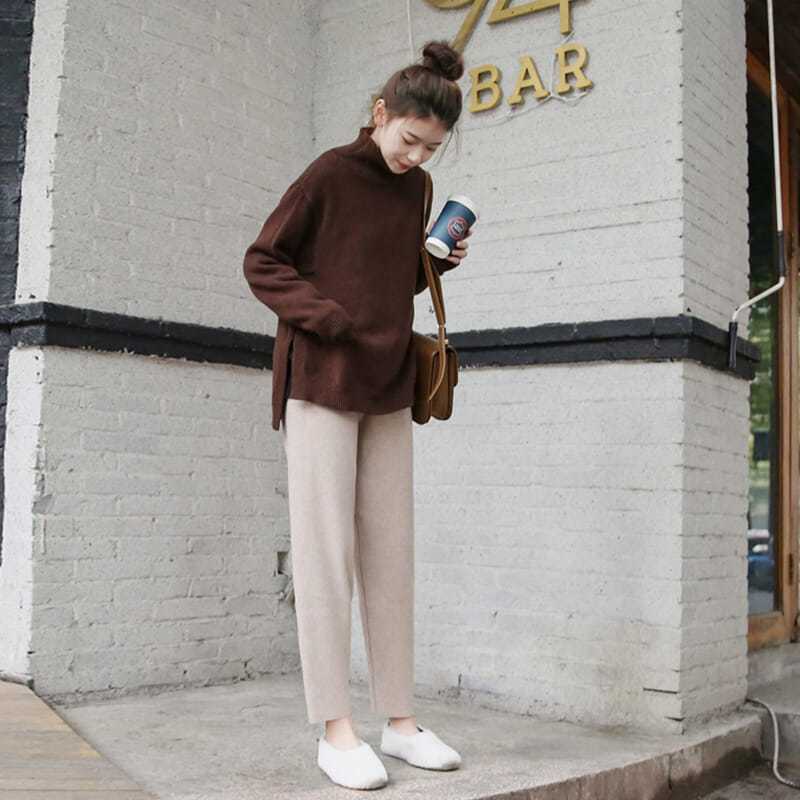 Petite Woolen Pants for Women, Autumn and Winter Thickened Cropped Straight-Leg Loose Slimming Carrot Pants