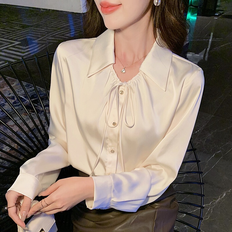 Designer Silk Satin Polo Collar Bow Tie Long-Sleeve Shirt for Women, High-End Retro Hong Kong Style Blouse