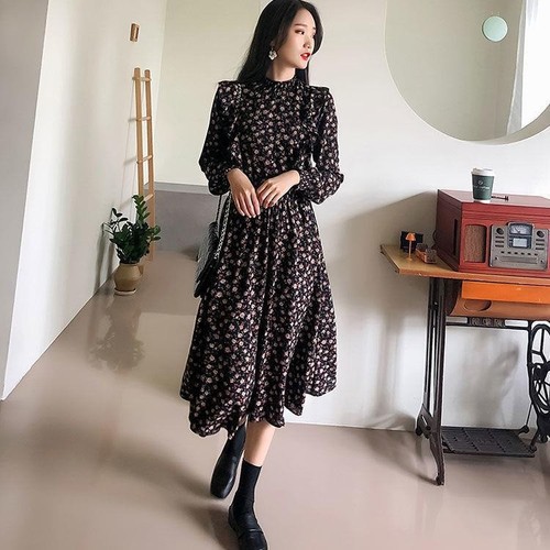 Floral chiffon dress for women, high-cold spring, autumn and winter new long-sleeved skirt, slimming, flesh-covering, outing, over-the-knee long skirt