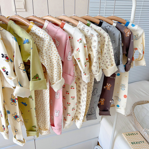 Children's brushed underwear set, boys and girls, warm pajamas, wool pull-frame autumn clothes, long trousers, combed cotton home clothes