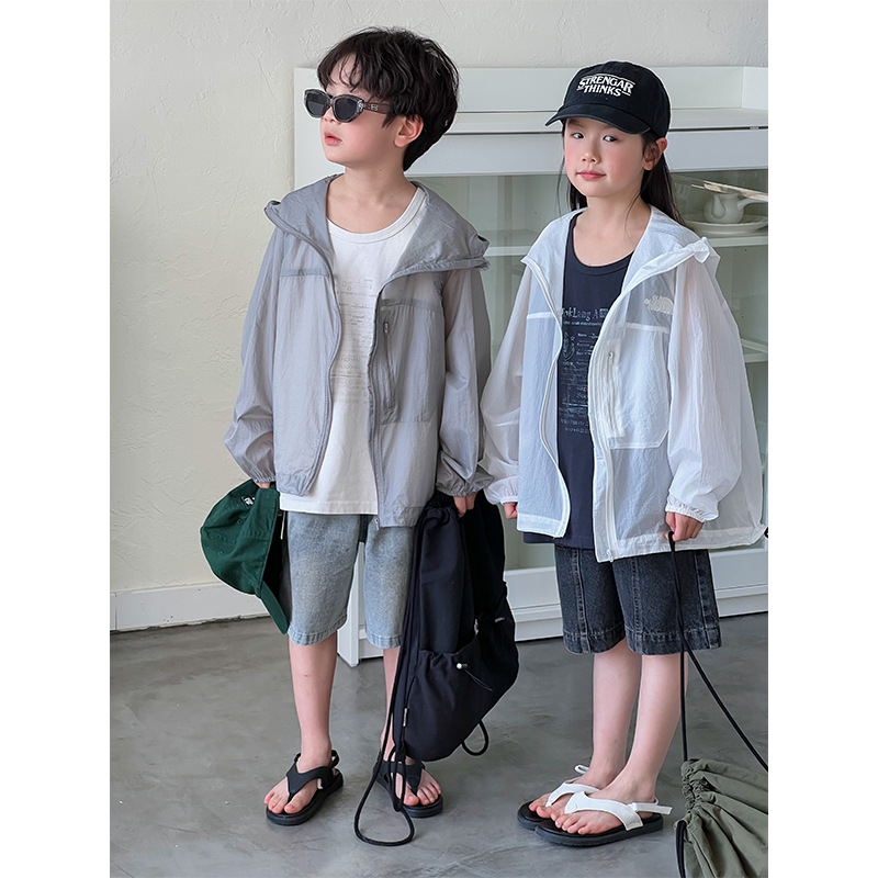 2024 Summer New Children's Sun Protection Jacket for Boys and Girls, Korean Style, Lightweight, Hooded Sun Outwear, Breathable