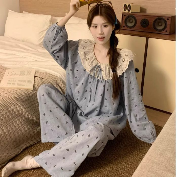 跨境批发云朵棉睡衣女秋季甜美大翻领蕾丝花边长袖长裤家居服套装|undefined