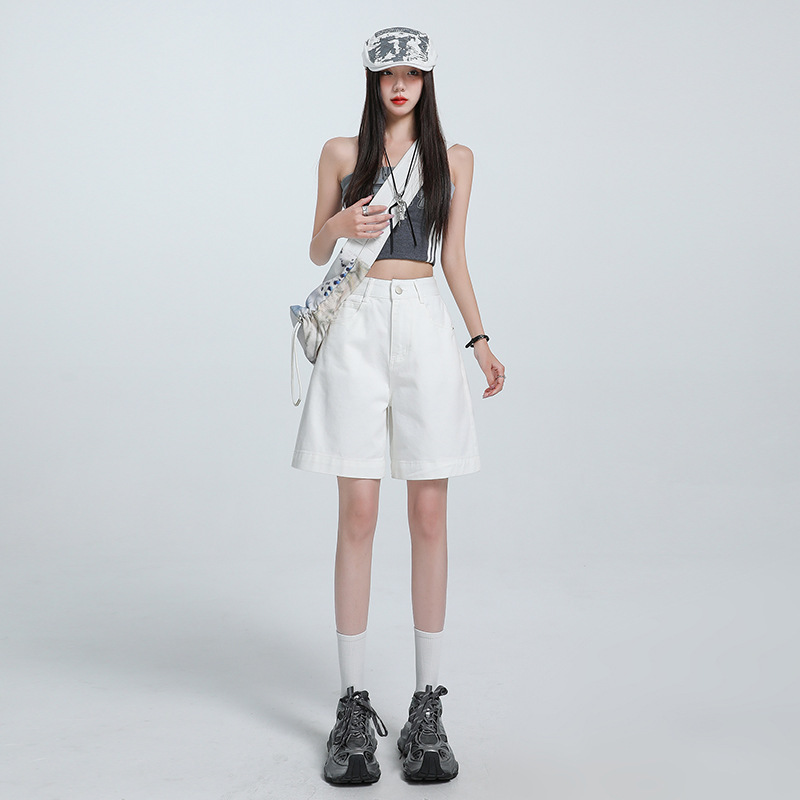 White Denim Shorts Women's 2025 Summer New Waist Slimming Loose Wide Leg Straight All-match Five-point Pants