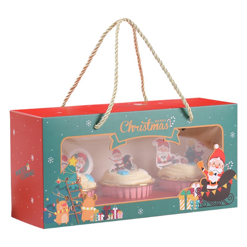 Navidad 3 piezas de cuerda taza de papel caja de pastel ventana transparente Muffin Box Navidad Apple embalaje Embalaje para hornear