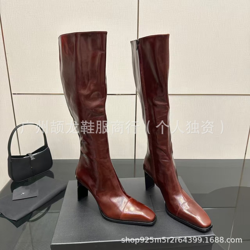 高端2025秋冬真皮方头复古粗高跟侧拉链高筒显瘦骑士靴不过膝长靴|undefined