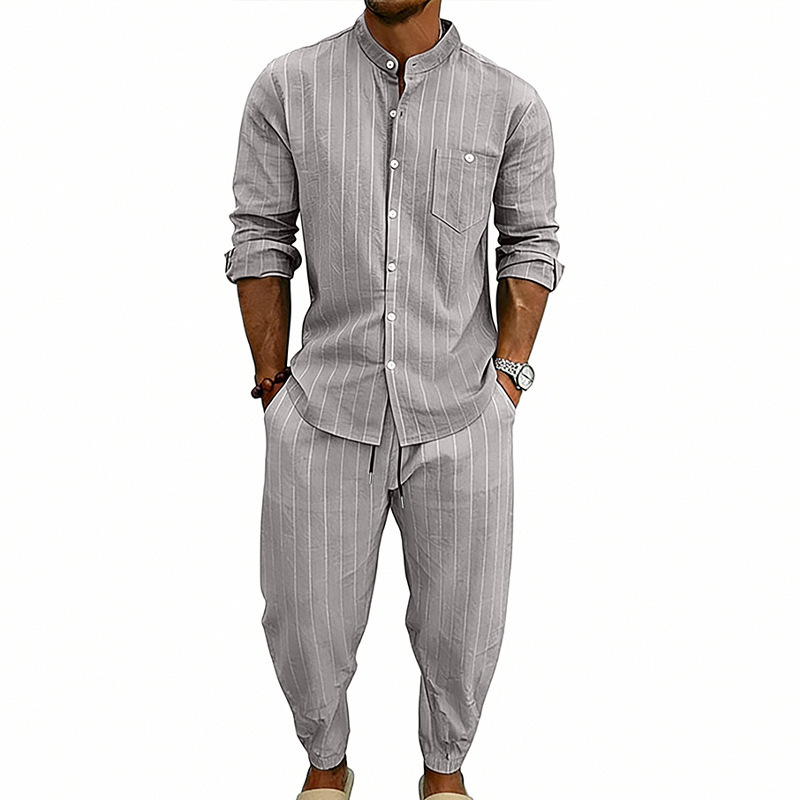 Transfronterizos primavera y otoño hombre deportivo a rayas verticales camisa casual de manga larga cardigan a rayas transpirables pantalones de dos piezas