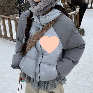 2026美式短款星星棉服女2026冬季新款加厚保暖面包服撞色连帽外套