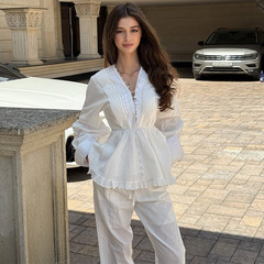 欧美跨境女装2025秋季新款设计感V领长袖衬衫阔腿长裤休闲套装