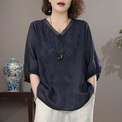 高級婦人服夏の復古風天糸麻vネック半袖上着女性のゆったりした大きいサイズの刺繍の薄いタイプのシャツ