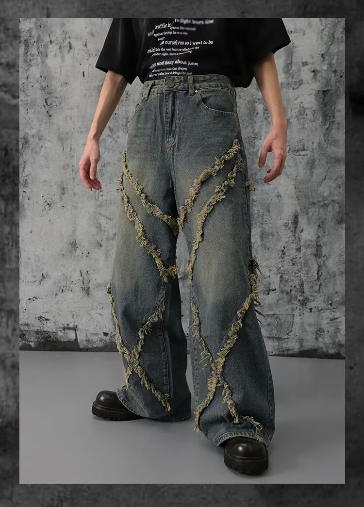 Unisex High Street Vintage Washed Distressed Patchwork Jeans Relaxed Wide Leg Straight Denim Pants for Men And Women_mkmklike.com
