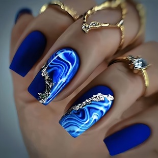 Nail Patch Mid-Length Blue Smudged Gold Stripesd Fake Nail Patch Removable Manicure