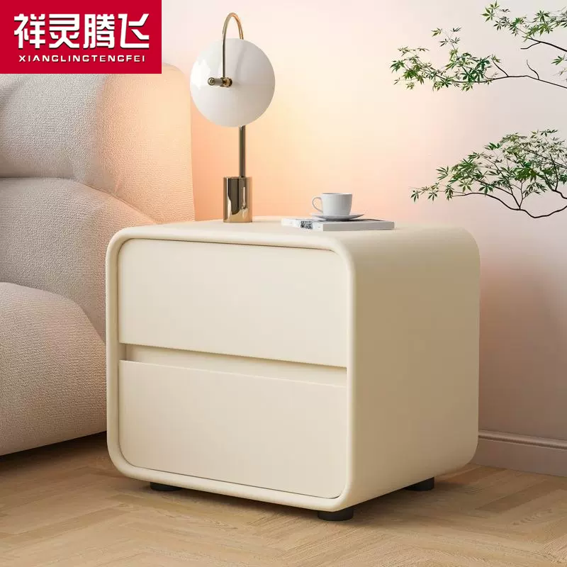 实木一体床头柜奶油风收纳简约现代小柜子家用卧室轻奢床边储物柜