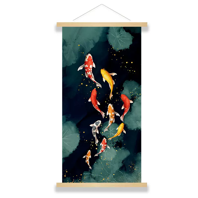 入户年年有鱼玄关装饰画竖版现代简约客厅走廊过道壁画实木挂轴画