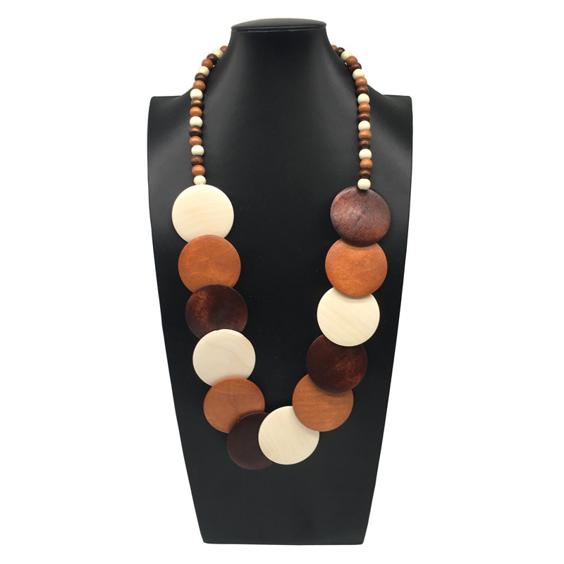 Cross-border new retro large wood wafer mixed colored wood beads beaded single layer African necklace for women wholesale necklace Cross-border new retro large wood wafer mixed colored wood beads beaded single layer African necklace for women wholesale necklace