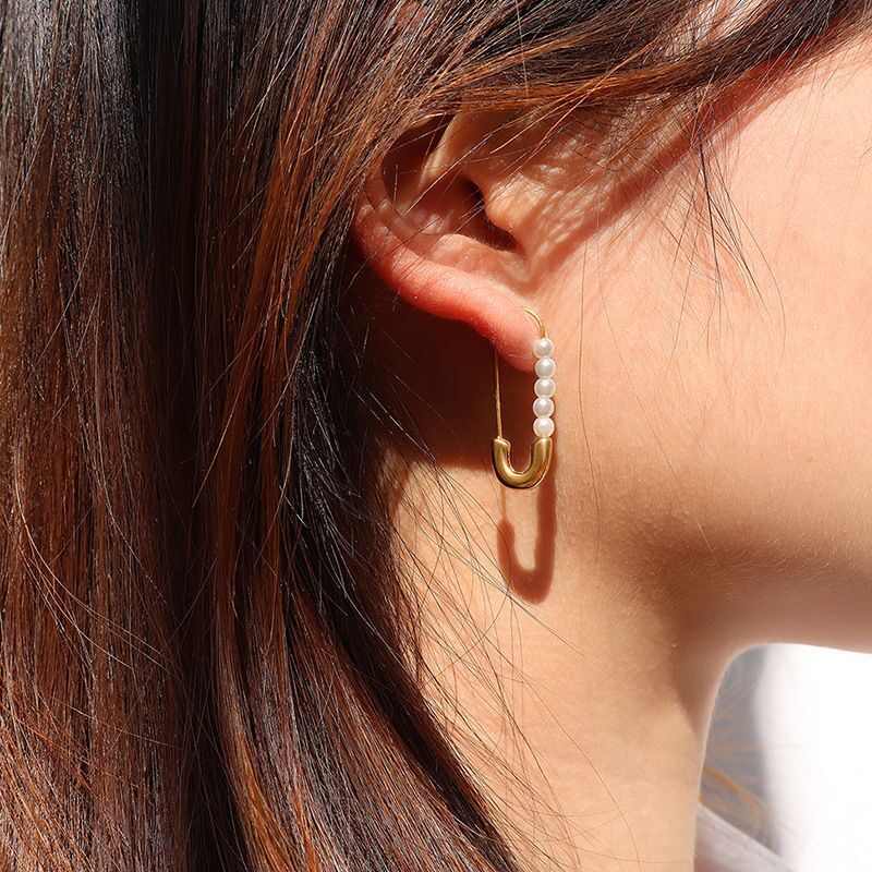 Daily Occasion 1 Pair Lady Paper Clip Imitation Pearl Titanium Steel Plating Earrings