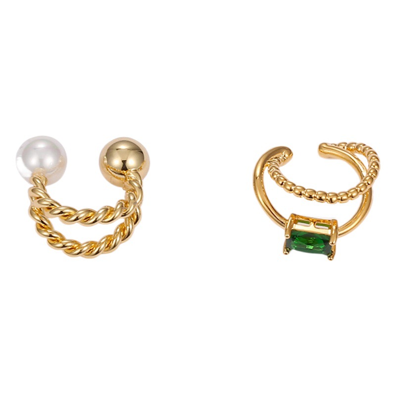 Latón 18K oro real/ZIRCON con incrustaciones de moda europea y americana ronda Twist doble línea perla earless oído hueso clip femenino