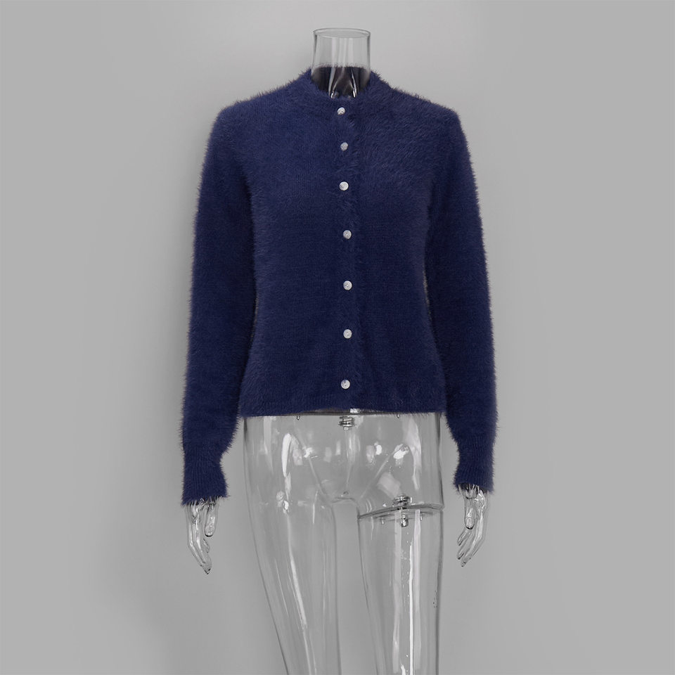 Áo khoác cardigan len nữ dáng ôm cổ tròn tay dài một hàng cúc chất liệu lông mềm mại — Màu hồng, Màu trắng, Màu xám nhạt, Xanh đậm chi tiết 43