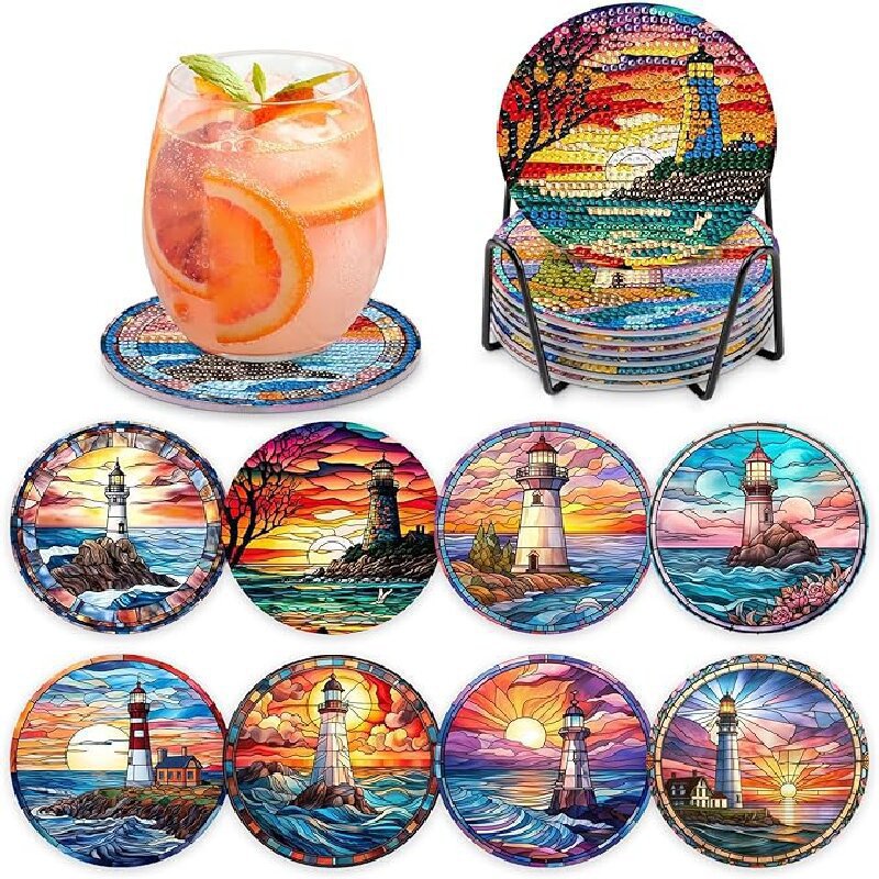 Ventas transfronterizas calientes de 8 piezas de conjunto de cojín de taza de arte de diamante, con soporte, pequeño conjunto de pintura de diamante, adecuado para adultos