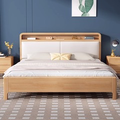 北歐實木床現代簡約USB夜燈1.5米1.8米軟靠臥室高箱儲物雙人大床