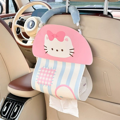 Tissue Hanging Bag for Car | Car tissue box/set - pink-bow-cat-leather-paper-bag