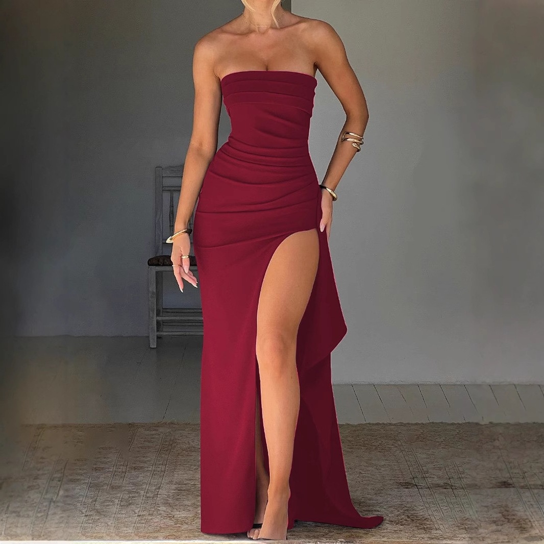亚马逊wish晚礼服女装一字领抹胸连衣裙时尚性感露背高开叉长裙夏