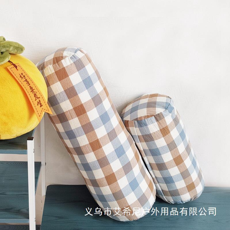 跨境可爱背包枕郊游露营便携枕头格纹纯棉圆柱抱枕外出休息枕靠垫-阿里巴巴