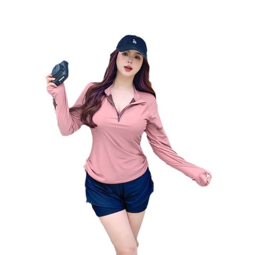 Conservative swimsuit for students covering belly and looking slimming, women's split vacation, hot spring long-sleeved sun protection sports swimsuit large size