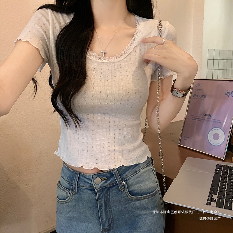 Real Shot of Plum Blossom Jacquard 220g Short-Sleeved T-Shirt Summer Women's 2025 Slim Trendy Lace Ruffled Short Round Neck Top