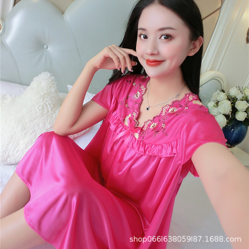 봄과 여름 실크 잠옷 여성용 섹시한 잠옷 여름 반팔 레이스 대형 스윙 스커트 싱글 느슨한 가정 옷