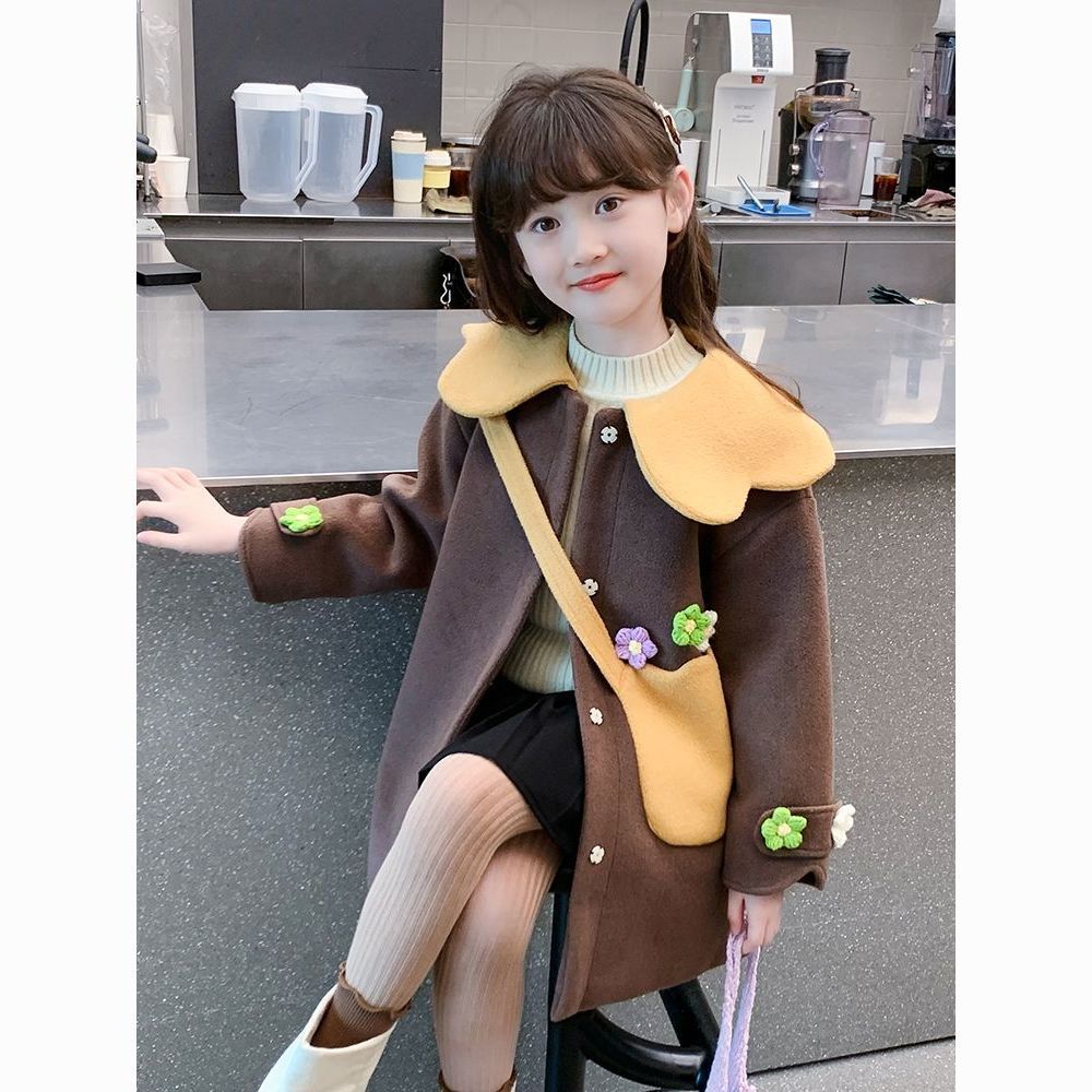 女童春秋外套2024新款儿童中长款洋气时髦毛呢大衣秋季小女孩风衣