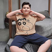 2024夏季男士大码睡衣青少年可外穿纯棉短袖胖童初中学生卡通薄款