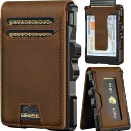 男士真皮钱包:纤薄RFID极简钱包带钱夹-智能弹出式信用卡收纳袋，