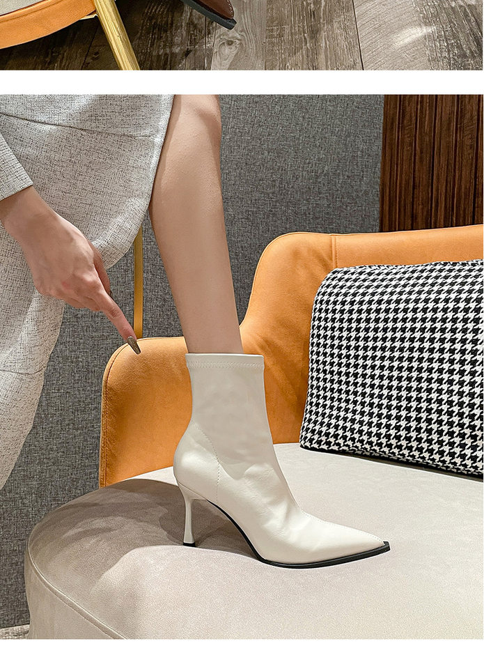 Bốt nữ ngắn mũi nhọn co giãn gót nhọn 6–8 cm, khóa kéo bên, lót nhung — Lớp lót nhung đen JH, Màu nâu lót nhung, Màu đen lót nhung, JH da đen chi tiết 9