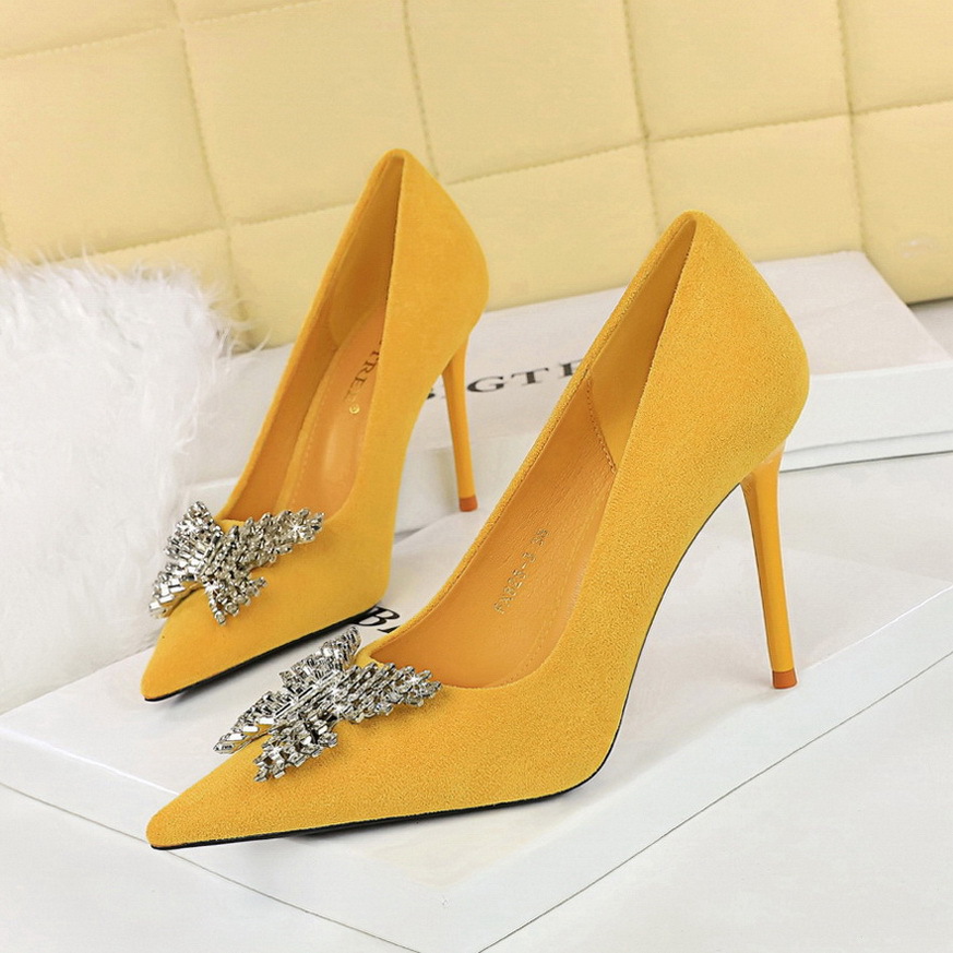 Women's Shoes banquet high heels stiletto women's shoes suede shallow mouth pointed metal butterfly rhinestone single shoes_voghion.com