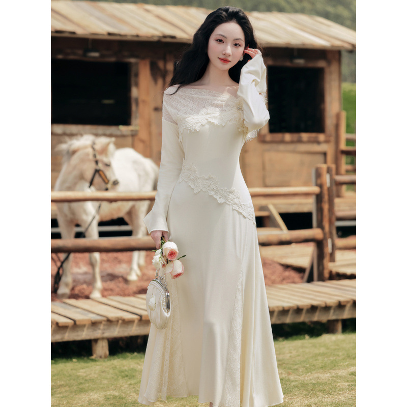 French Style Beautiful Pure Desire One-Shoulder Engagement Dress Skirt Bottoming Fishtail Dress