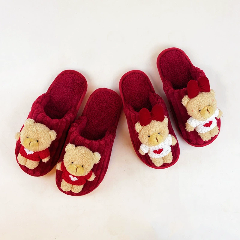 Свадебные тапочки шерстяная пряжа теплый медведь милый красный праздничный невеста жених